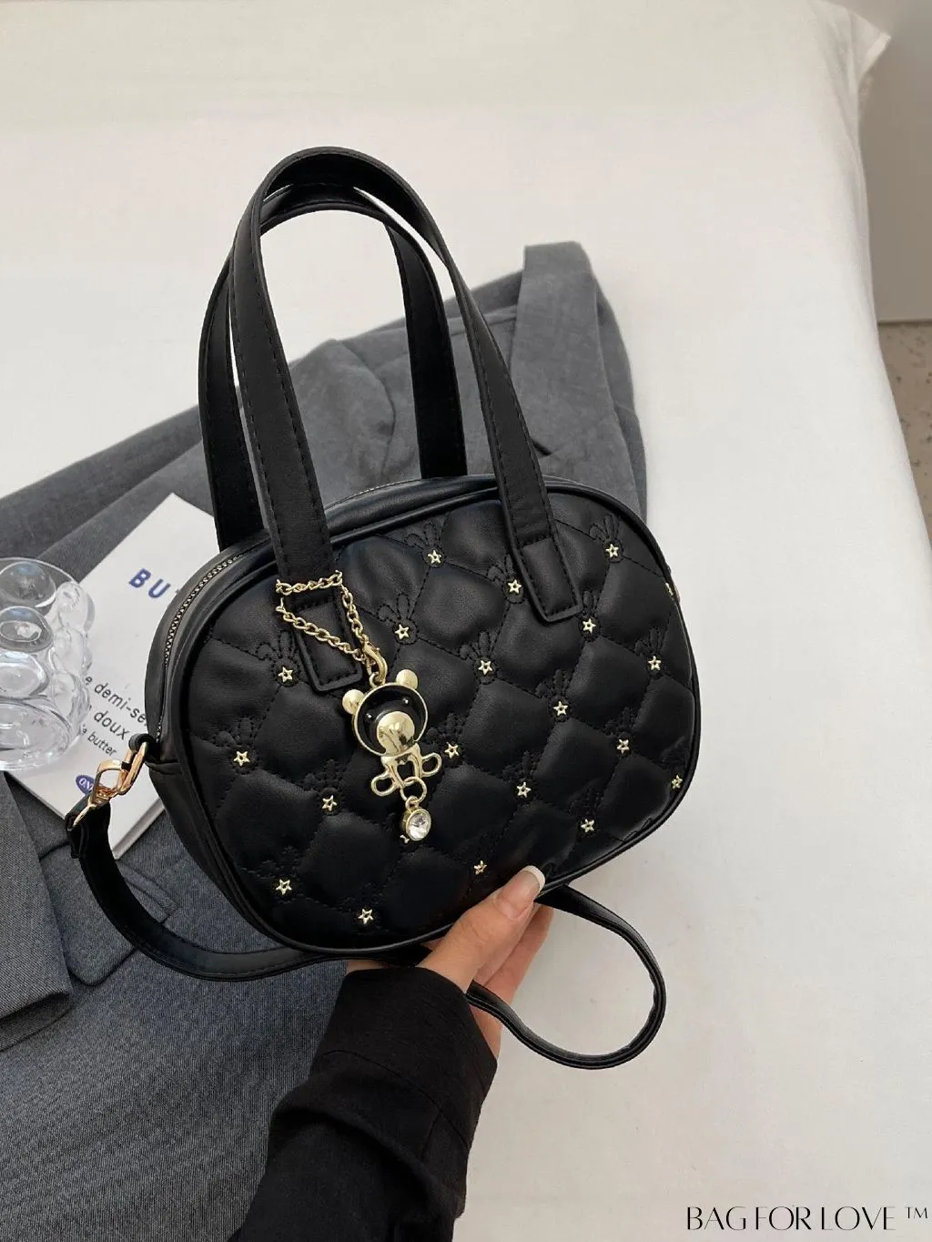 BagForLove - Chic Rhinestone-Embellished Black PU Tote Bag with Stitching Details