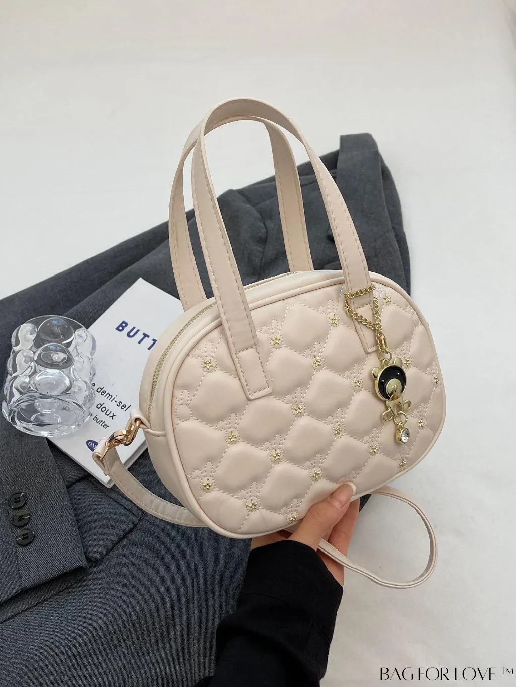 BagForLove - Chic Rhinestone-Embellished Black PU Tote Bag with Stitching Details
