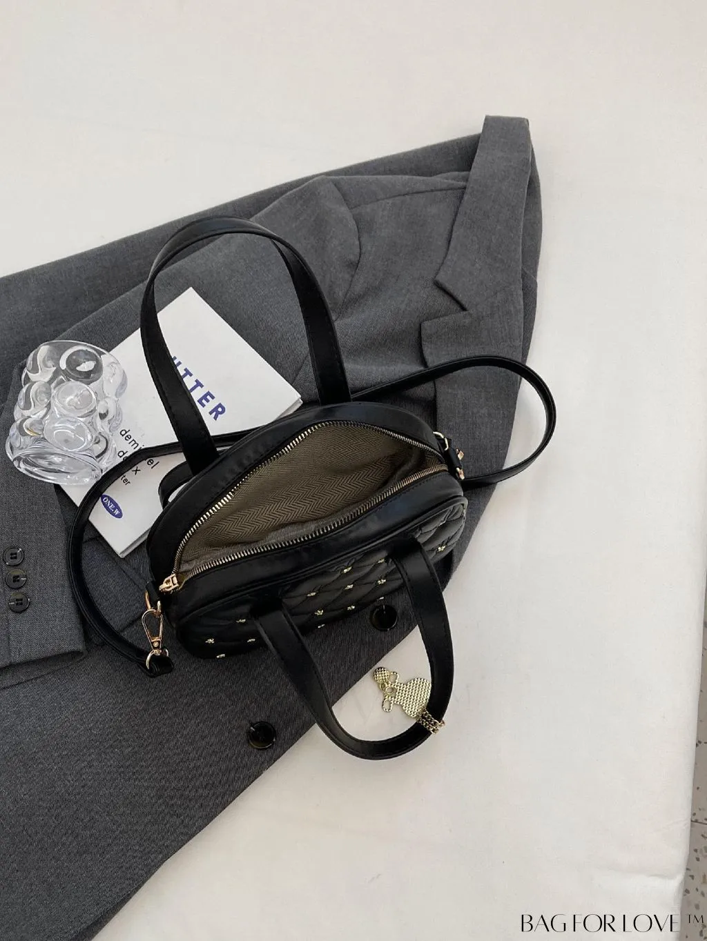BagForLove - Chic Rhinestone-Embellished Black PU Tote Bag with Stitching Details