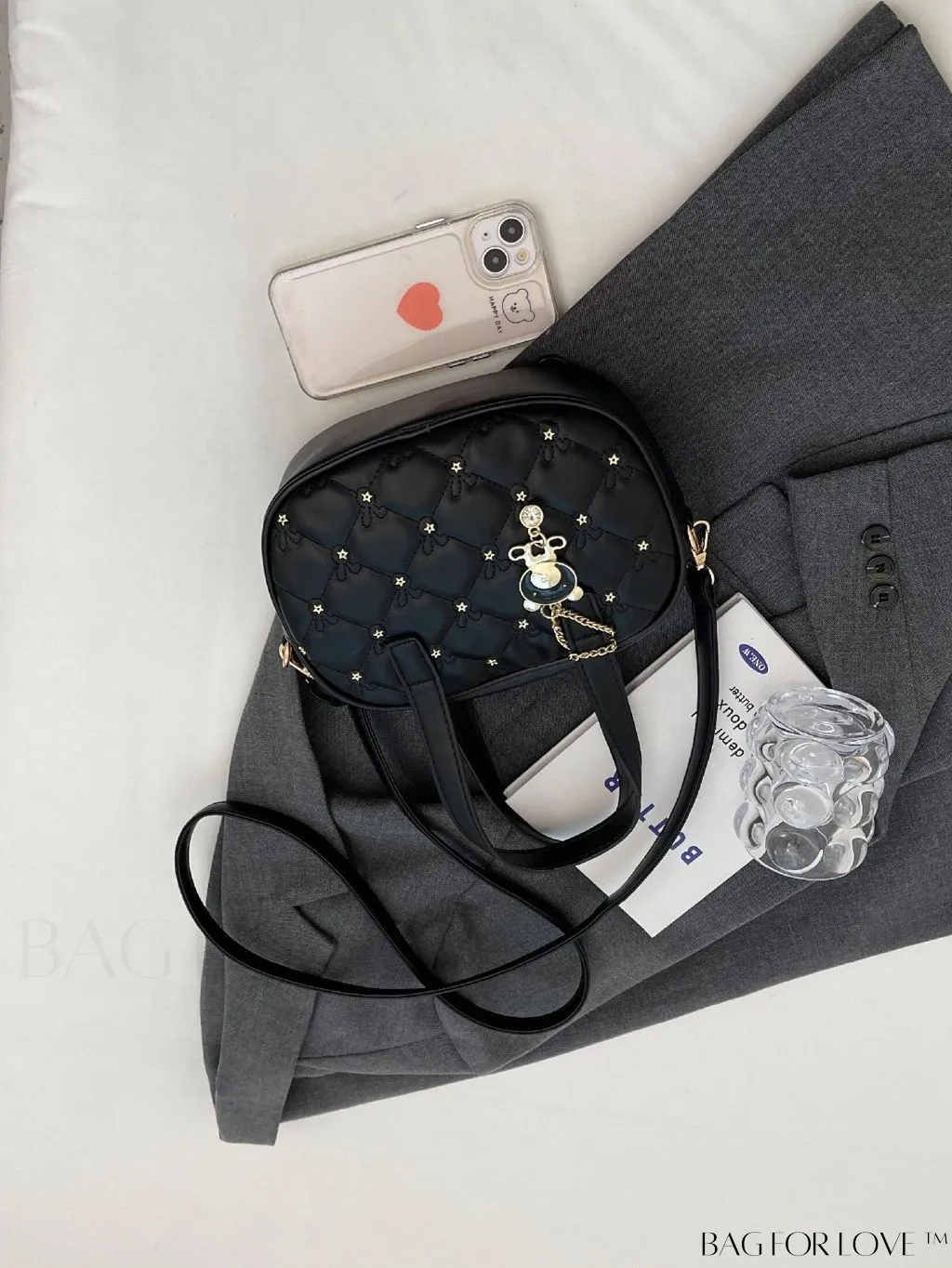 BagForLove - Chic Rhinestone-Embellished Black PU Tote Bag with Stitching Details