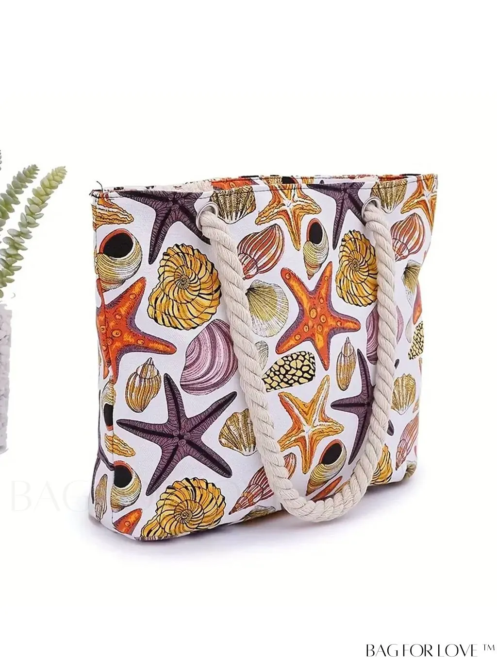 BagForLove - Oceanic Beach Bag: Spacious Canvas Handbag with Shells Conch Print, Ideal for Women