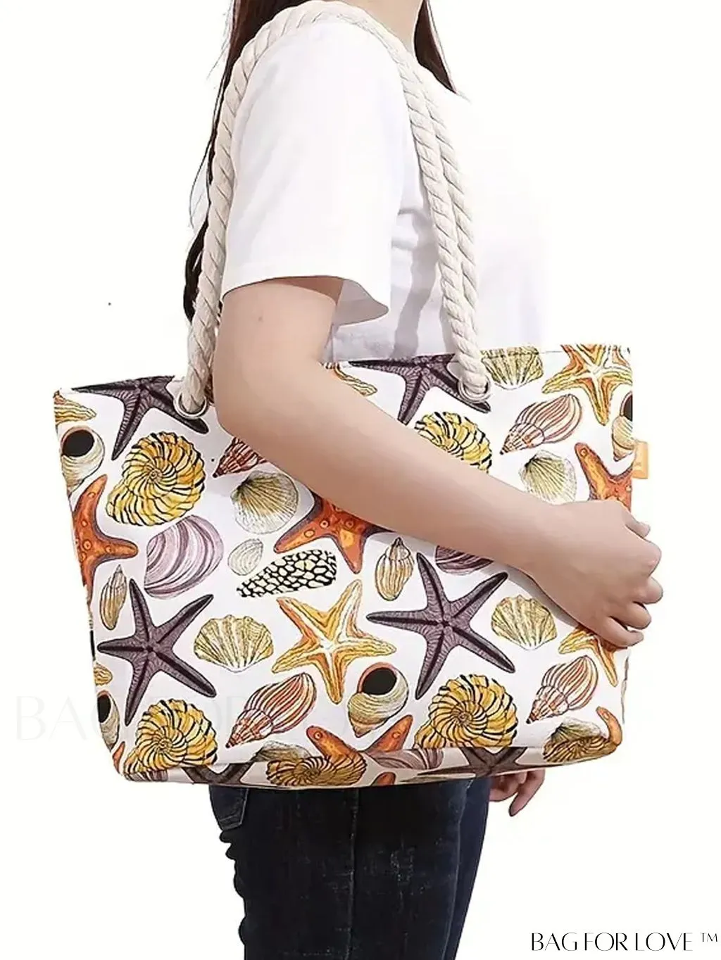 BagForLove - Oceanic Beach Bag: Spacious Canvas Handbag with Shells Conch Print, Ideal for Women