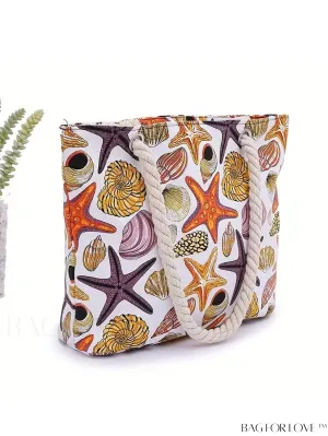 BagForLove - Oceanic Beach Bag: Spacious Canvas Handbag with Shells Conch Print, Ideal for Women