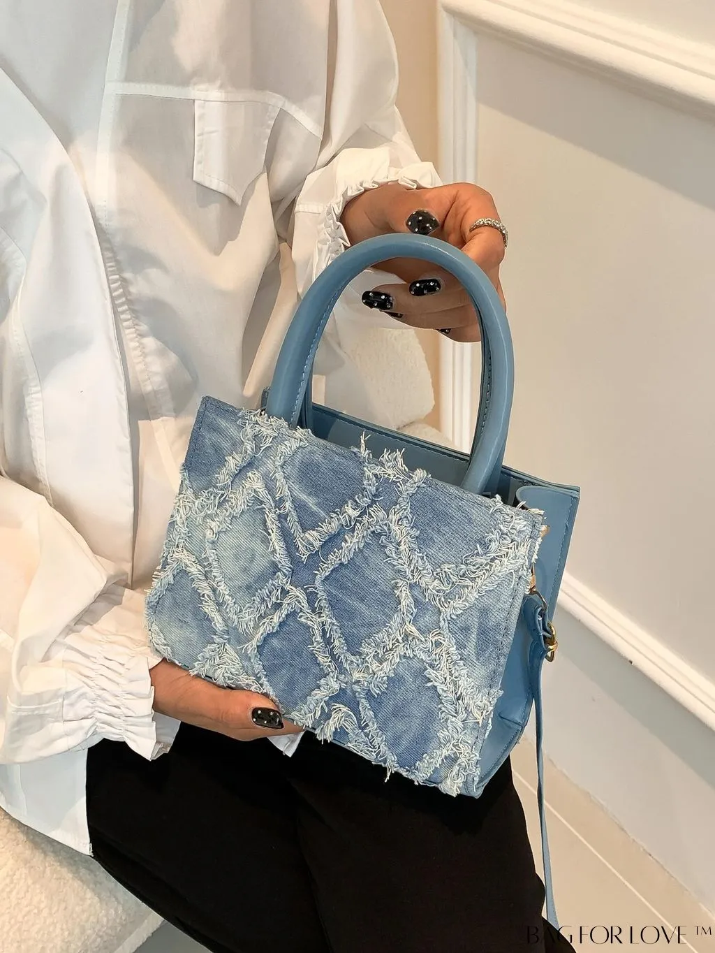 BagForLove - Stylish Denim Fringed Mini Bag with Adjustable Shoulder Strap - Blue Square