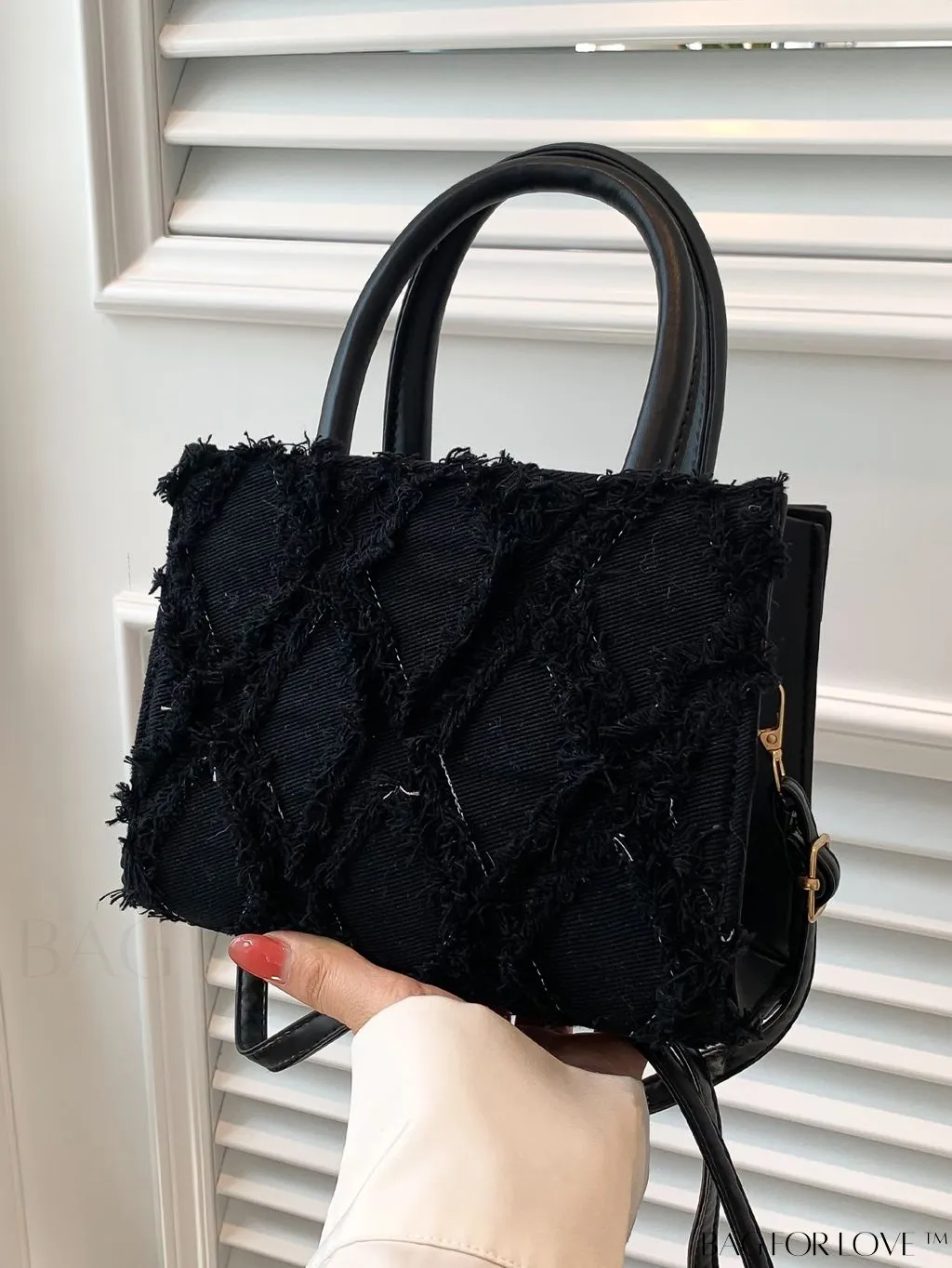 BagForLove - Stylish Denim Fringed Mini Bag with Adjustable Shoulder Strap - Blue Square