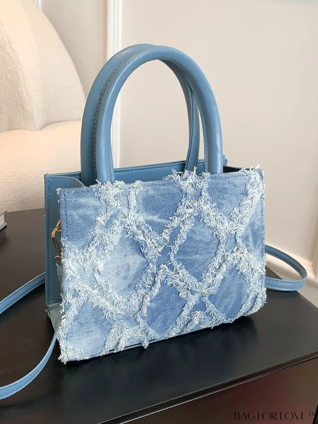 BagForLove - Stylish Denim Fringed Mini Bag with Adjustable Shoulder Strap - Blue Square