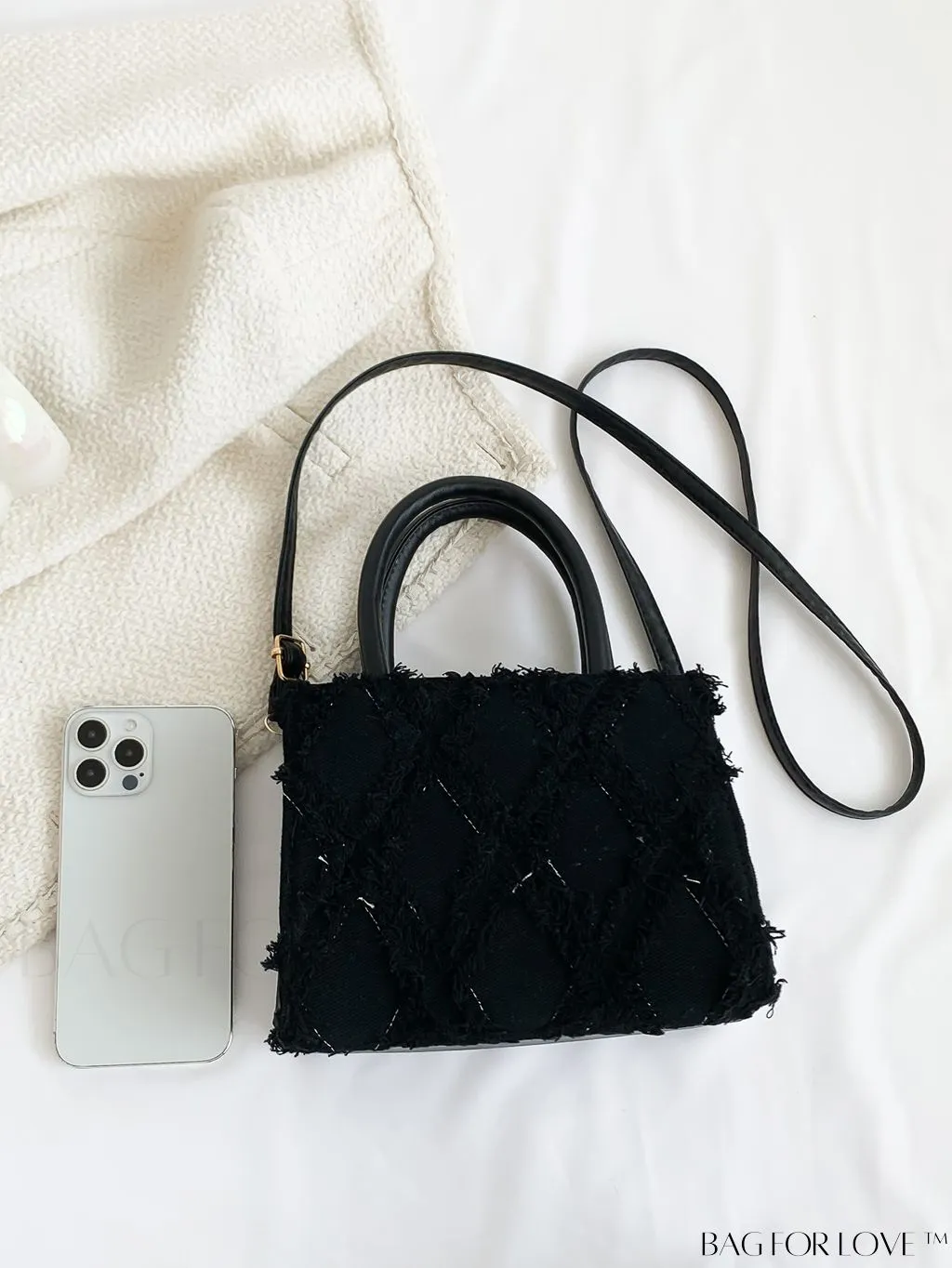 BagForLove - Stylish Denim Fringed Mini Bag with Adjustable Shoulder Strap - Blue Square