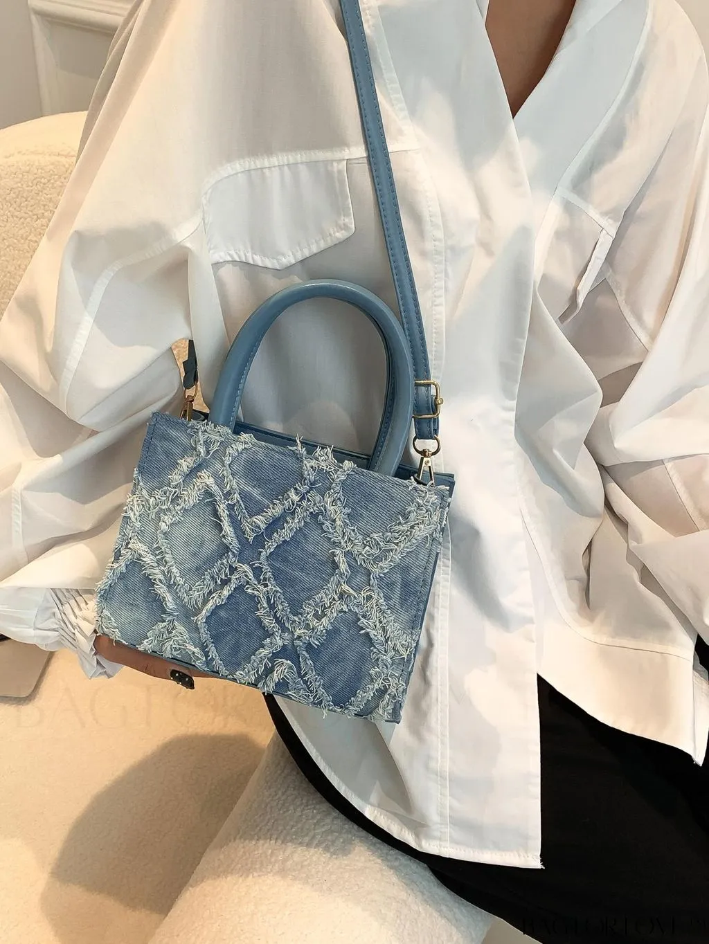 BagForLove - Stylish Denim Fringed Mini Bag with Adjustable Shoulder Strap - Blue Square