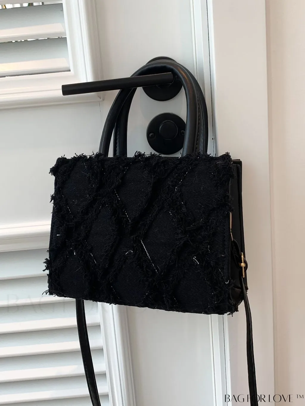 BagForLove - Stylish Denim Fringed Mini Bag with Adjustable Shoulder Strap - Blue Square