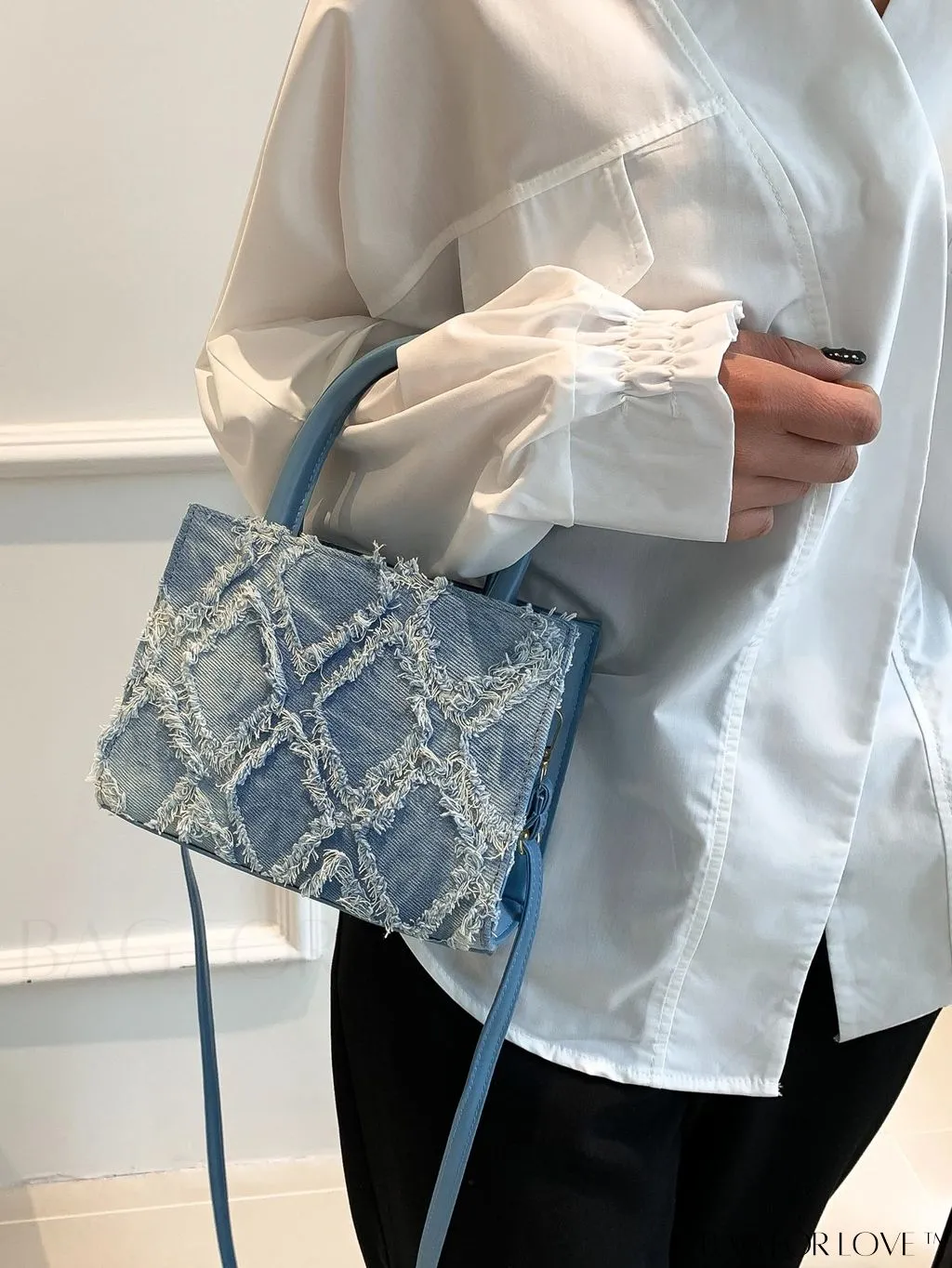 BagForLove - Stylish Denim Fringed Mini Bag with Adjustable Shoulder Strap - Blue Square