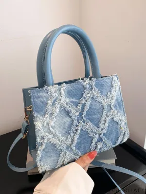 BagForLove - Stylish Denim Fringed Mini Bag with Adjustable Shoulder Strap - Blue Square