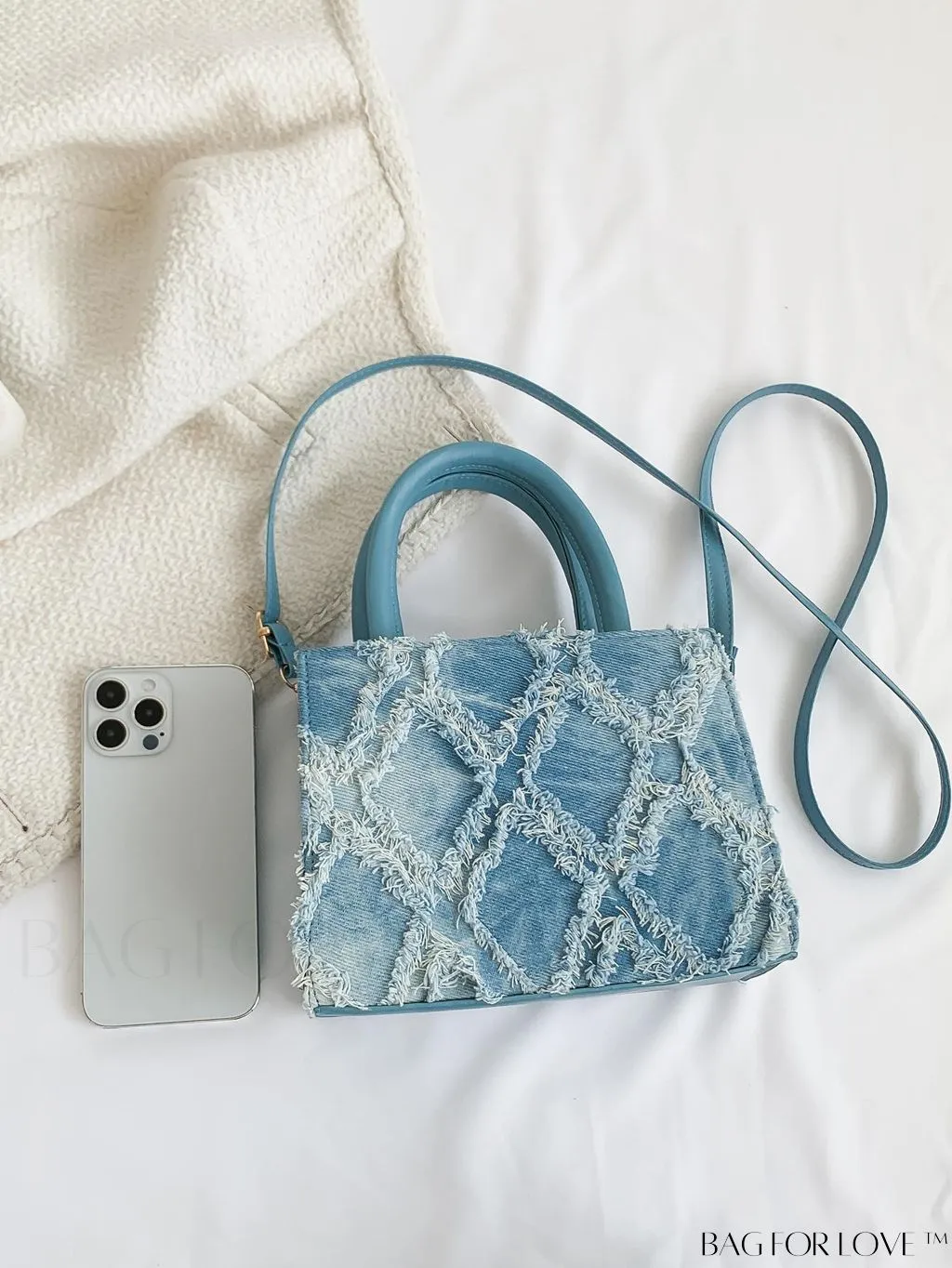 BagForLove - Stylish Denim Fringed Mini Bag with Adjustable Shoulder Strap - Blue Square