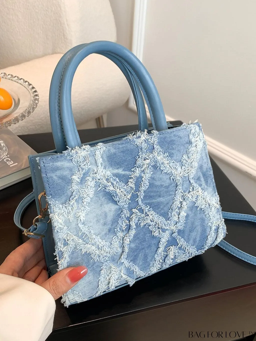 BagForLove - Stylish Denim Fringed Mini Bag with Adjustable Shoulder Strap - Blue Square