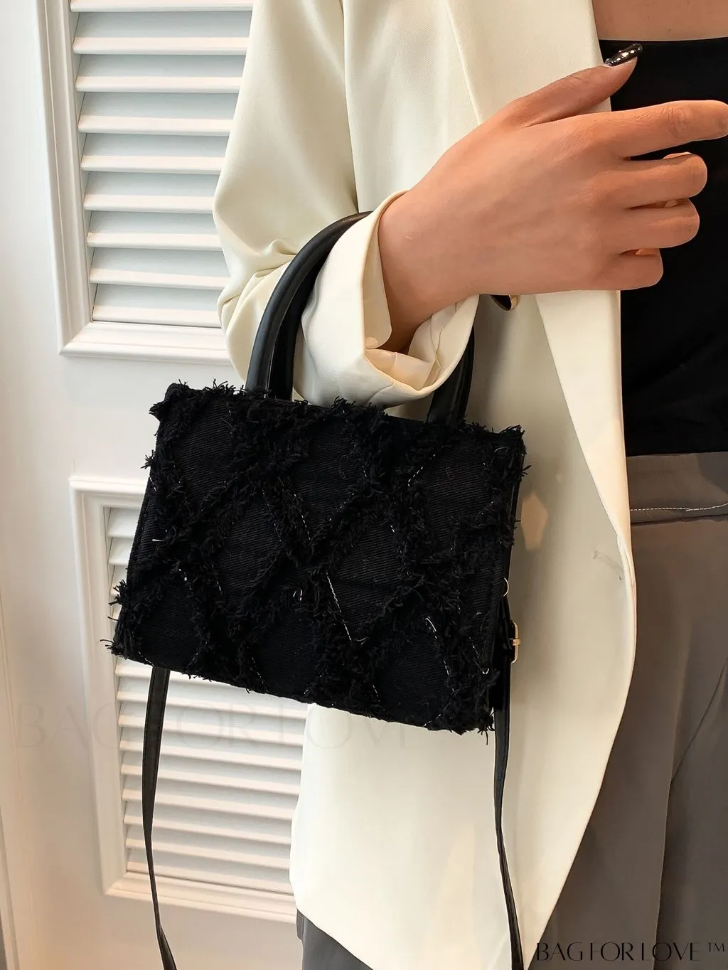 BagForLove - Stylish Denim Fringed Mini Bag with Adjustable Shoulder Strap - Blue Square
