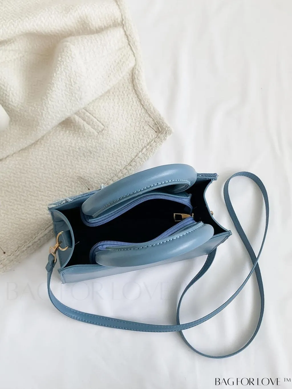 BagForLove - Stylish Denim Fringed Mini Bag with Adjustable Shoulder Strap - Blue Square