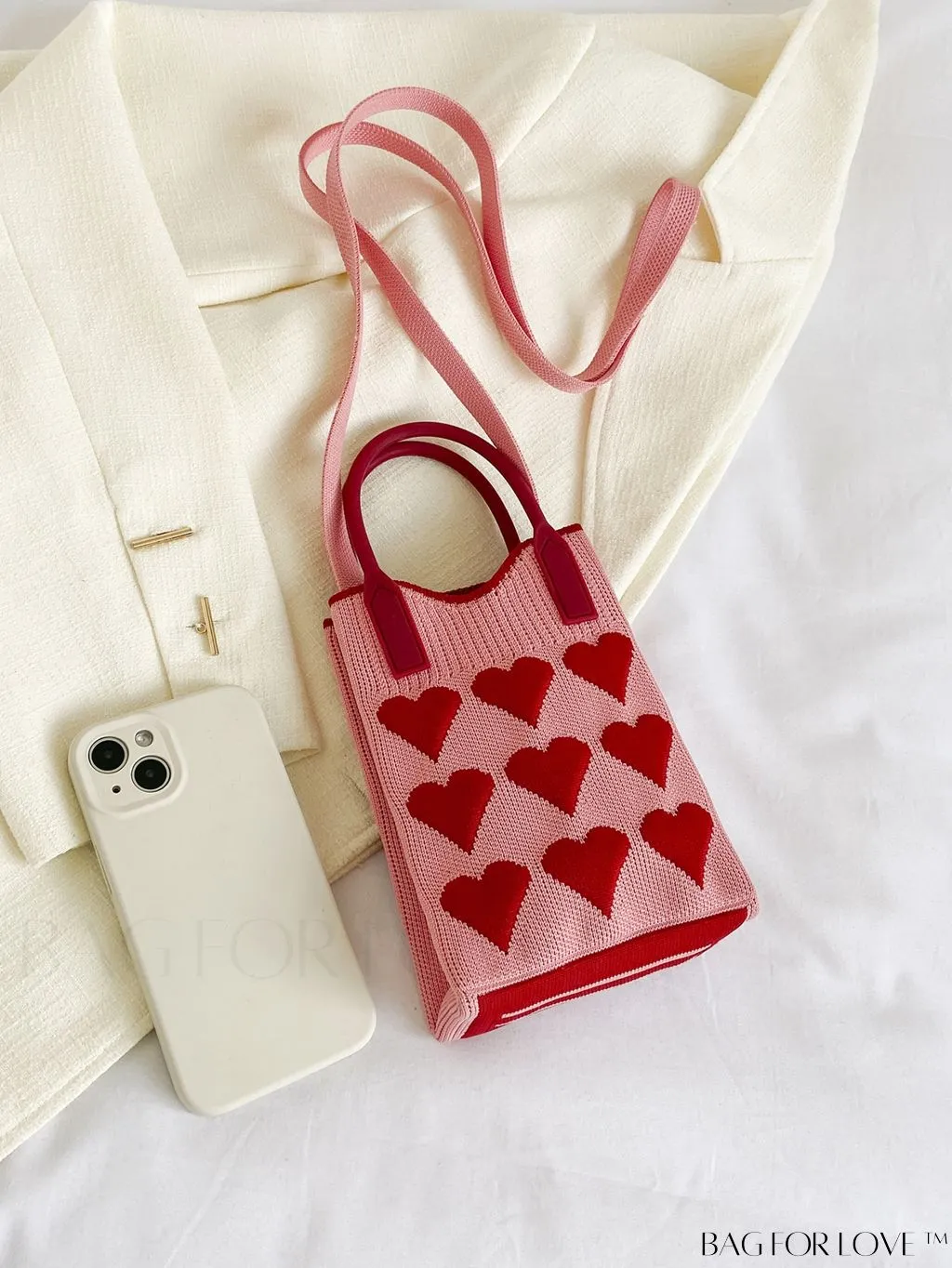 BagForLove - Womens Heart-Patterned Crochet Handbag with Phone Compartment