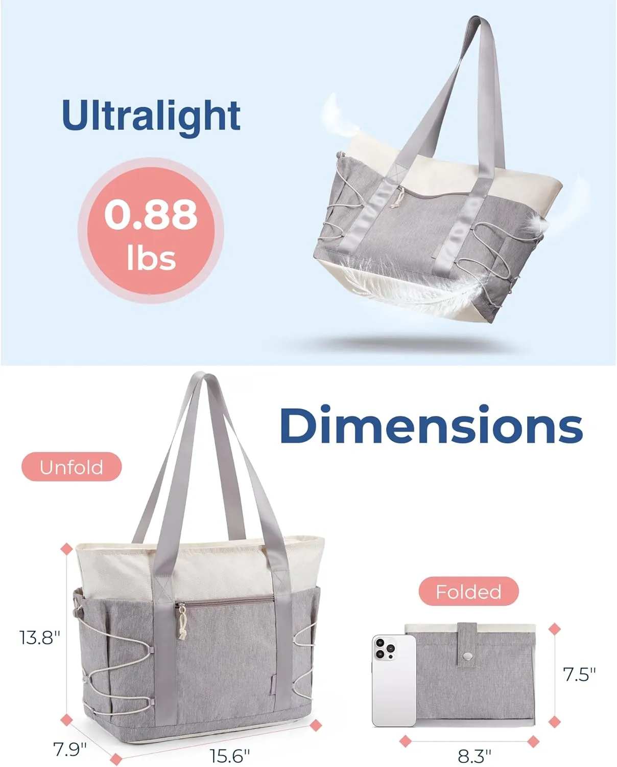 BAGSMART Travel Tote Bag for Women, Foldable Beach Bag With Zipper, 30L Large Gym Tote for Everyday