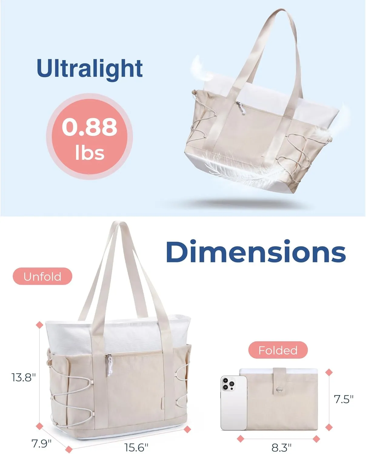 BAGSMART Travel Tote Bag for Women, Foldable Beach Bag With Zipper, 30L Large Gym Tote for Everyday
