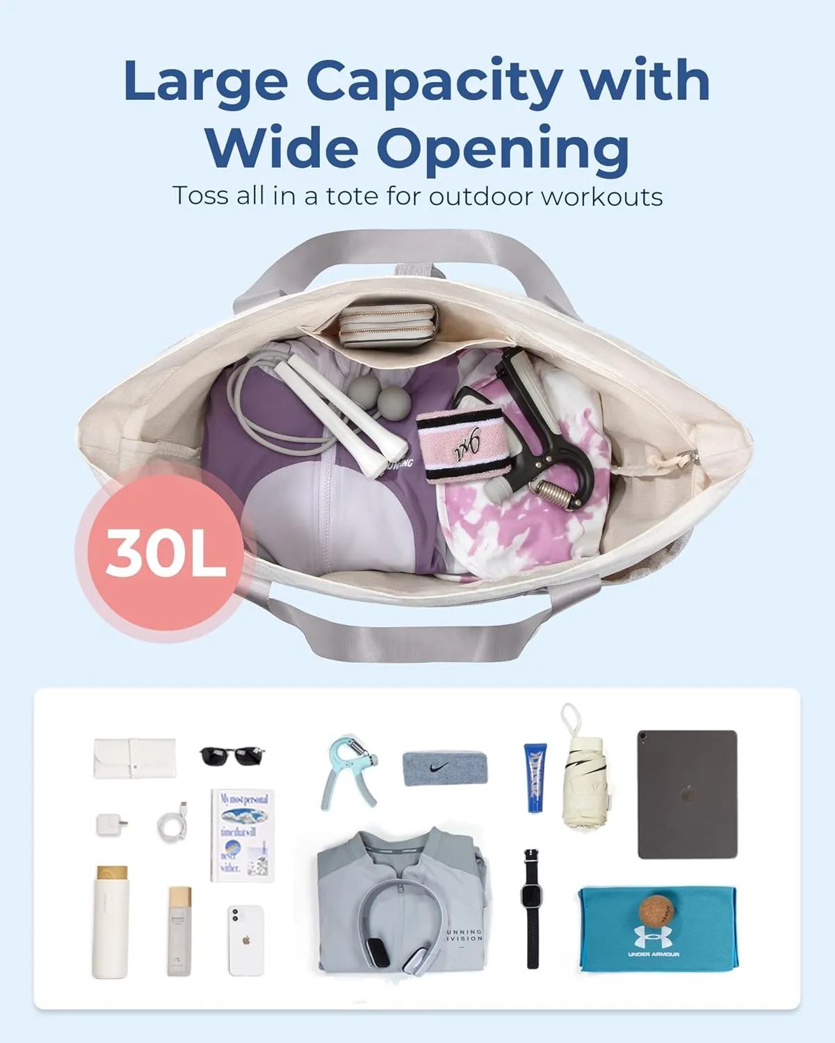 BAGSMART Travel Tote Bag for Women, Foldable Beach Bag With Zipper, 30L Large Gym Tote for Everyday