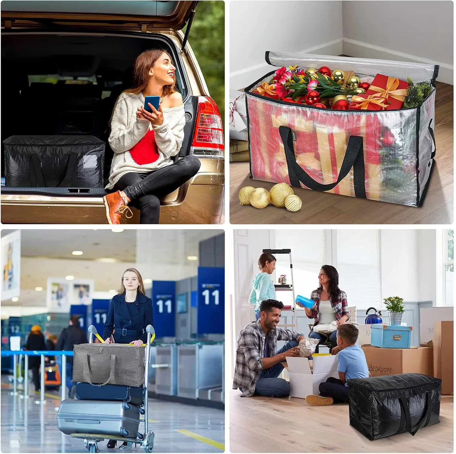 BALEINE 4-Pack Oversized Moving Bags with Reinforced Handles, Heavy-Duty Storage Tote for Clothes, Moving Supplies (Clear, 4-Pack)