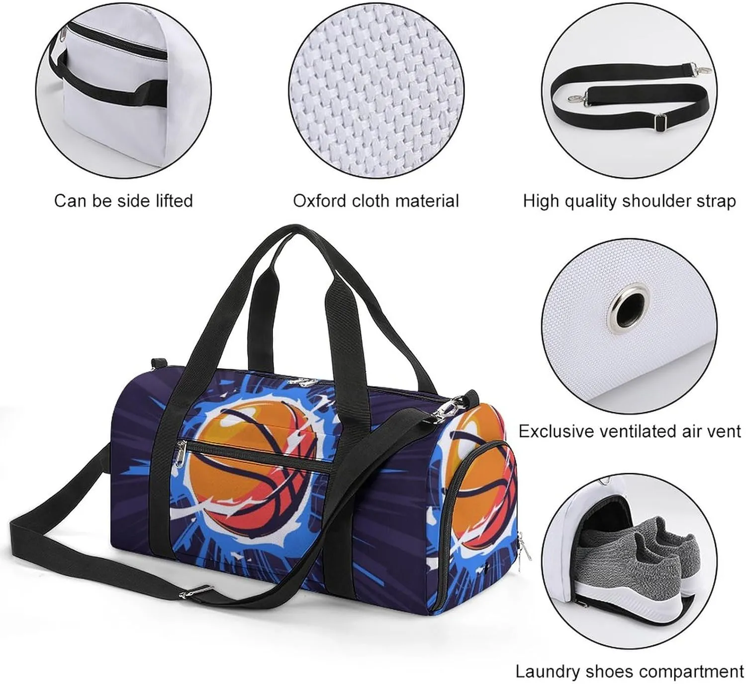Basketball on Fire Sports Tote Gym Bag for Women Men, Overnight Bag with Shoe Compartment Water Resistant