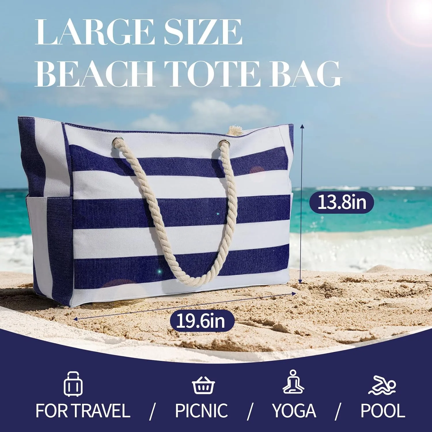 Beach Bag for Women Large Waterproof Pool Bag with Zipper, Sandproof Canvas Travel Tote Bags Gifts for Women