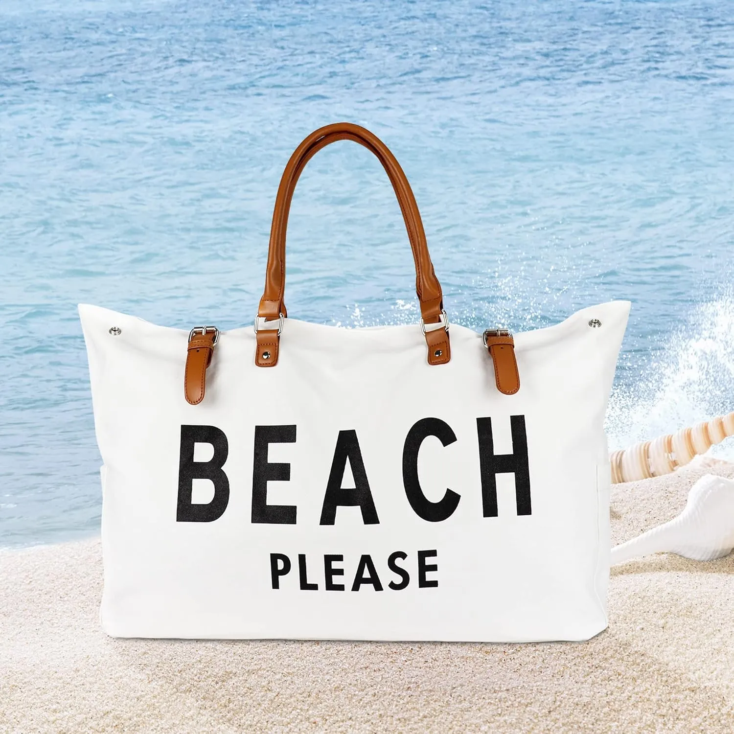 Beach Bag with Vegan Leather Handle, Extra Large Beach Bag for Women Waterproof Sandproof, White