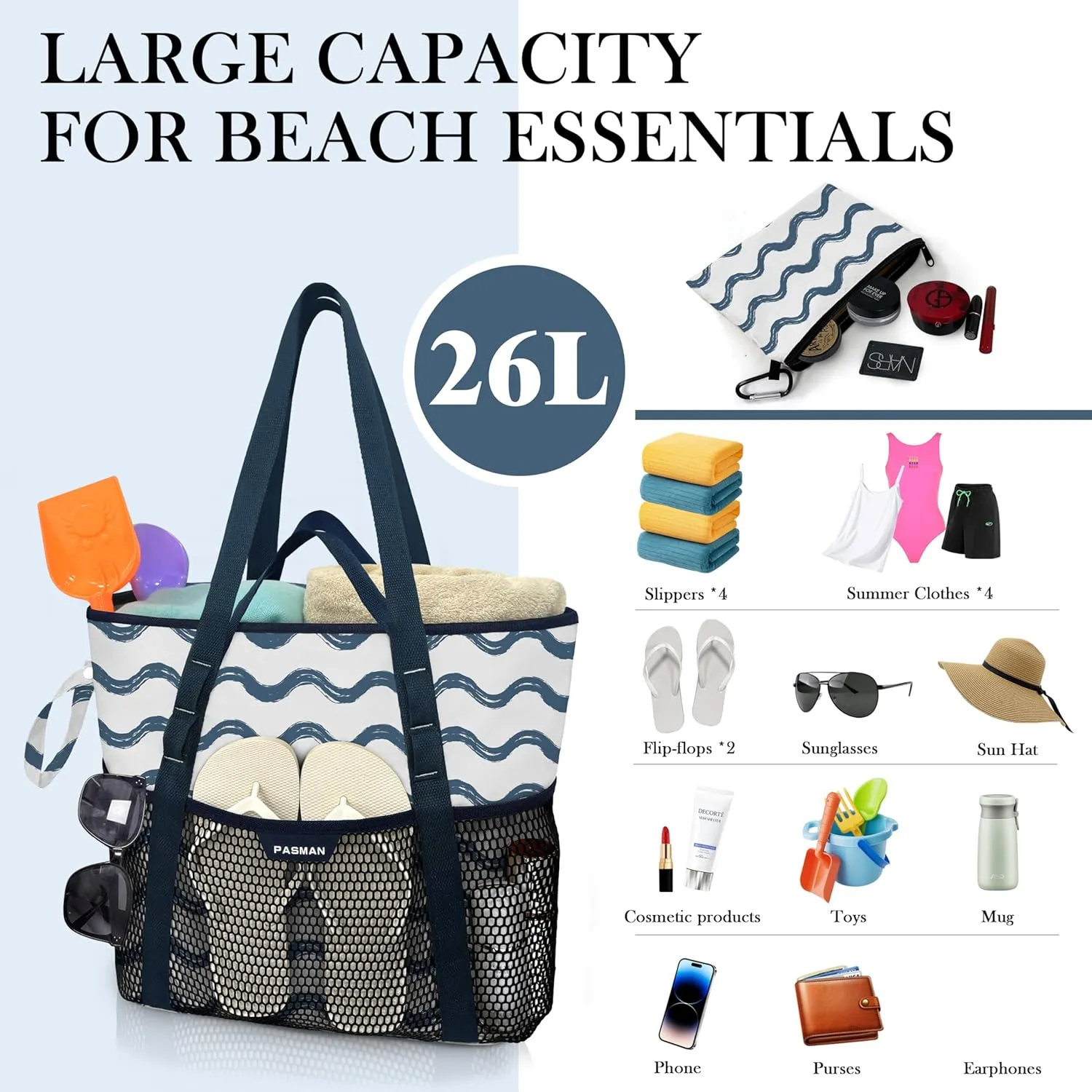 Beach Bag with Zipper - 8 Pockets Sandproof Beach Tote Bag for Women,Foldable Lightweight Family Swim Bag Vacation