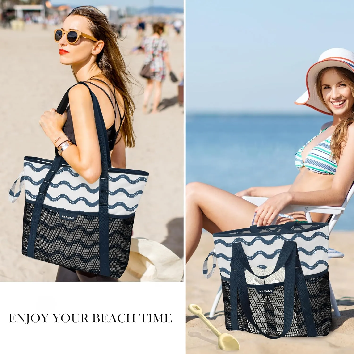 Beach Bag with Zipper - 8 Pockets Sandproof Beach Tote Bag for Women,Foldable Lightweight Family Swim Bag Vacation