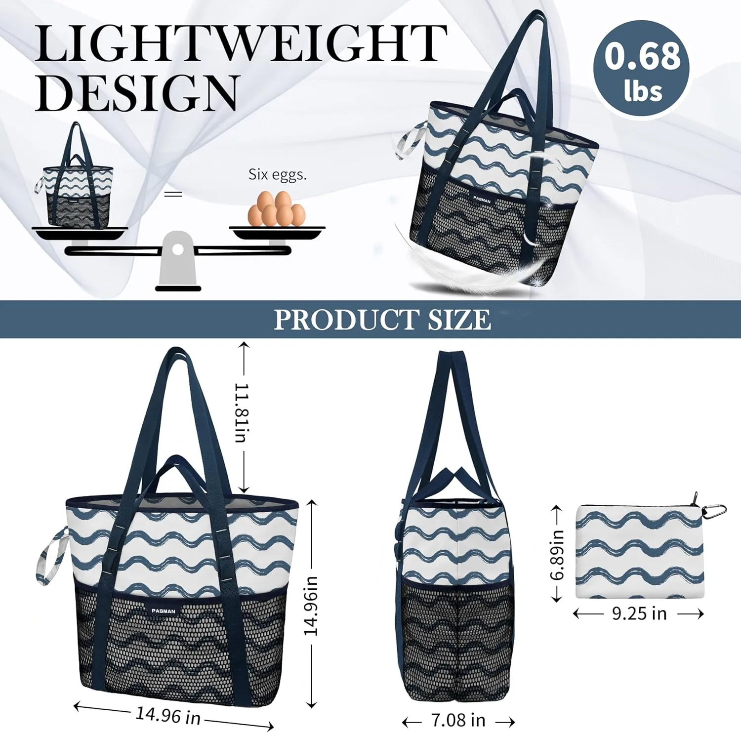 Beach Bag with Zipper - 8 Pockets Sandproof Beach Tote Bag for Women,Foldable Lightweight Family Swim Bag Vacation