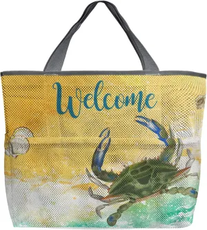 Beach Crab Beach Tote Bag for Women, Welcome Summer Seaside Nautical Coastal Yellow Mesh Beach Bags Waterproof Sandproof, Outdoor Picnic Swim Pool Handbag - Large Beach Bag with Zipper and Pockets