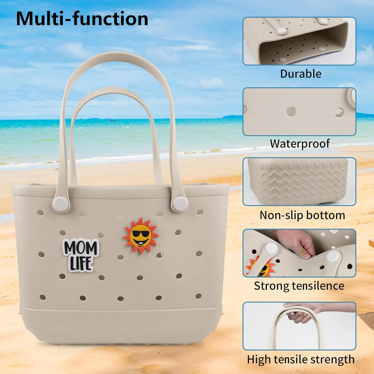 Beach Rubber Bag Tote Bag,Extra Large Waterproof Travel Women Handbag with Charms for Sports Beach Groceries Pool
