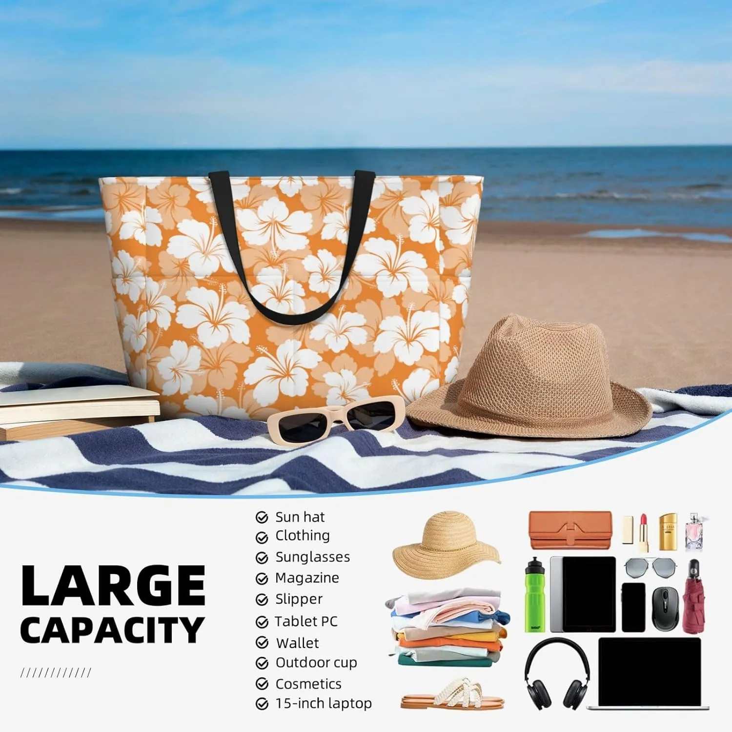 Beach Tote Bag for Women Foldable Waterproof and Sandproof Tote Bag with Zipper Print Beach Bag Large Travel Bag