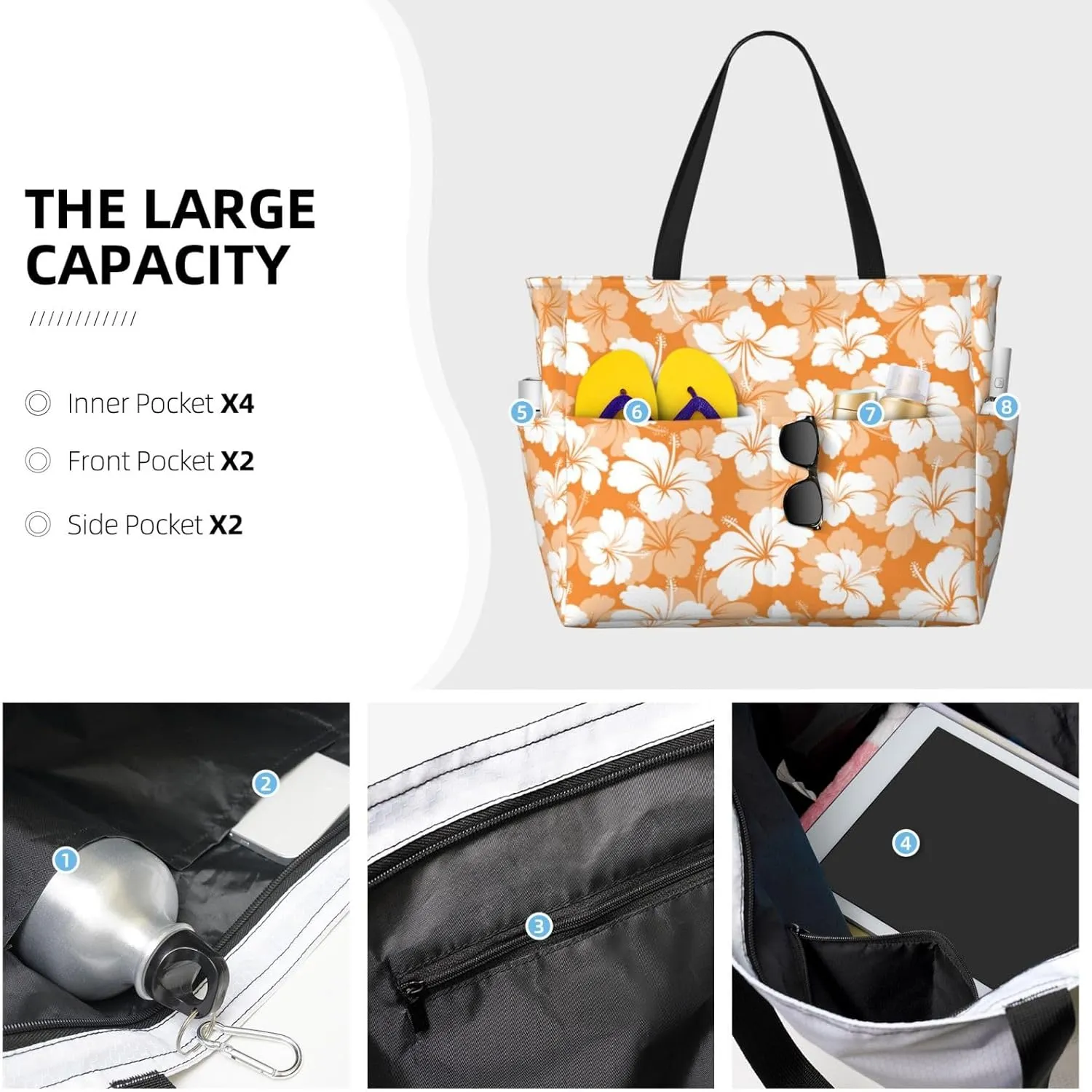 Beach Tote Bag for Women Foldable Waterproof and Sandproof Tote Bag with Zipper Print Beach Bag Large Travel Bag
