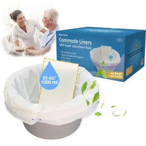 Bedside Commode Liners with Super Absorbent Pad 40 Pack-Disposable Bags for Portable Toilet Chair Bucket and Bedpan, Universal Fit All Standard Potty Chair, Camping Toilet Bags(40Liners 40Pads)