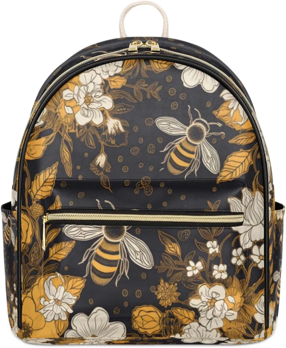 Bee Backpack Purse for Women Cute Mini Back Pack Small Casual Daypacks Pu Leather Bookbag Anti Theft Aesthetic Flower Bee Travel Backpacks
