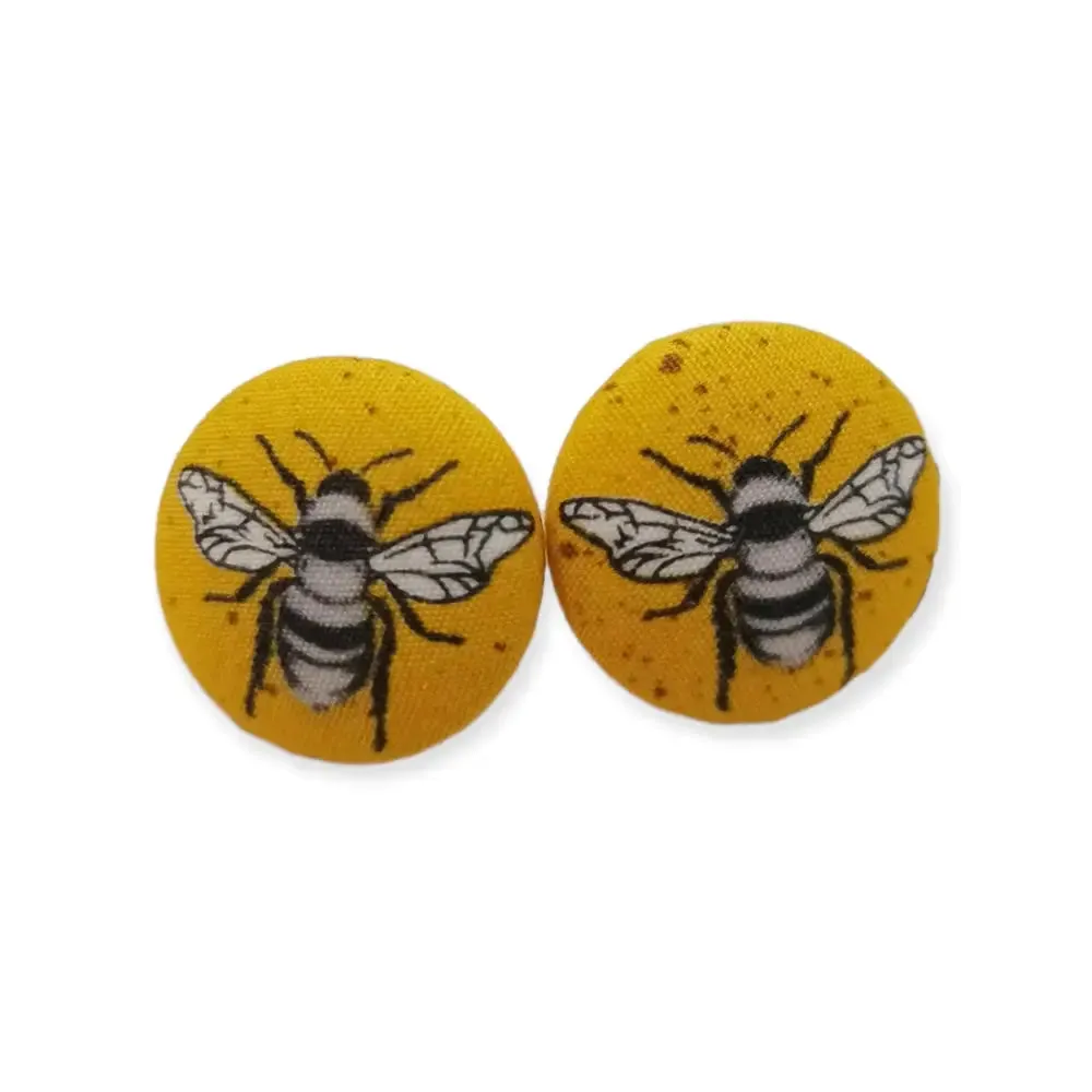 Bee Fabric Stud Earrings, Cute Yellow Button Earrings, Handcrafted in Australia
