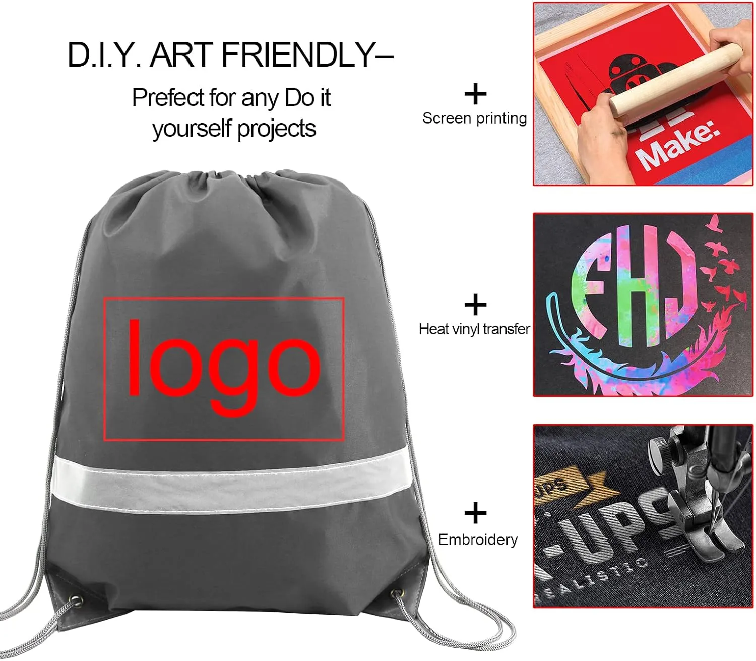 BeeGreen Grey Drawstring Backpack Bulk 10 Pieces Wholesale, String Backpack for Party Gym Sport Trip, Reflective Strips Cinch Sack with String, DIY Drawstring Bags for Women and Men