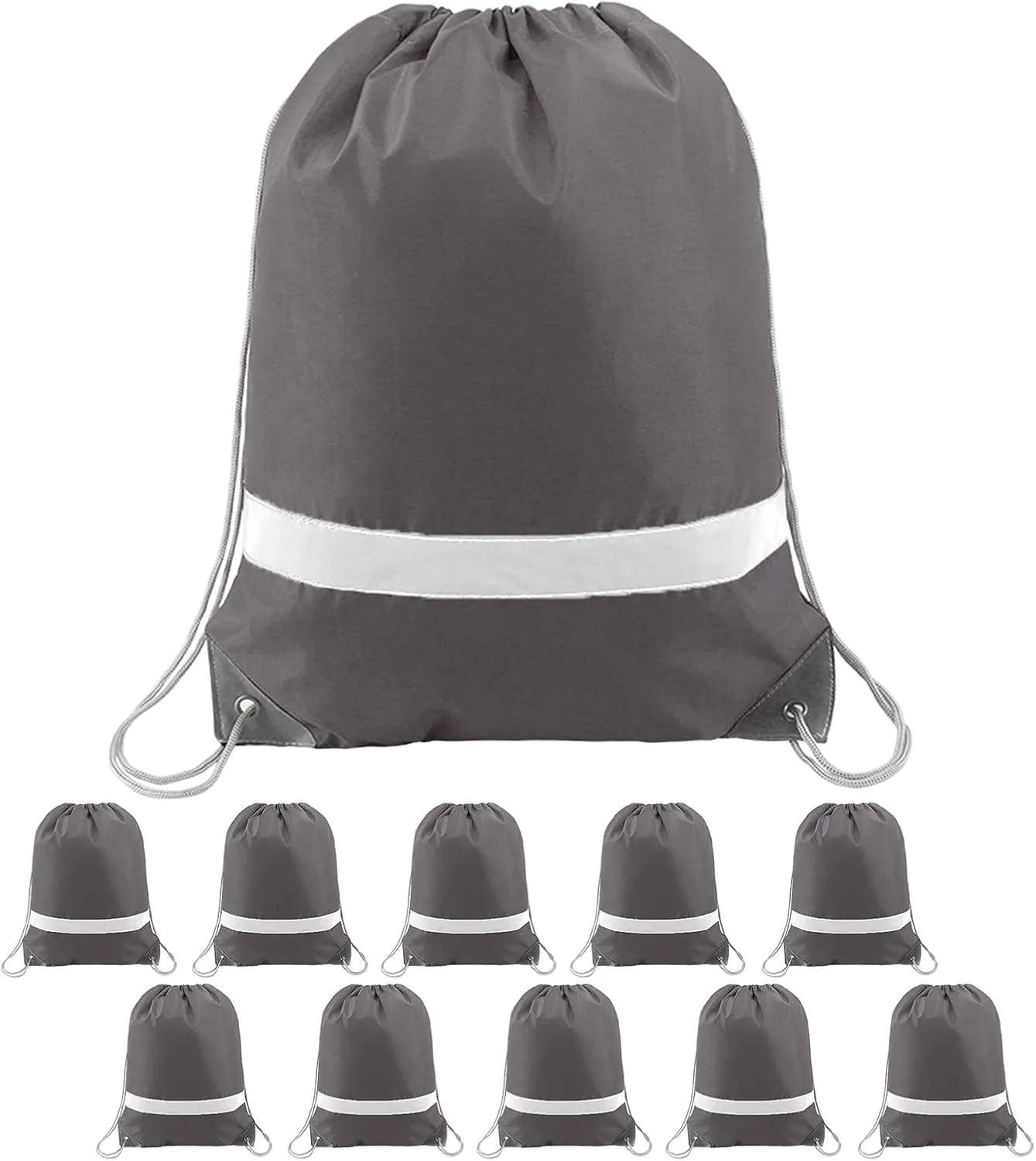 BeeGreen Grey Drawstring Backpack Bulk 10 Pieces Wholesale, String Backpack for Party Gym Sport Trip, Reflective Strips Cinch Sack with String, DIY Drawstring Bags for Women and Men