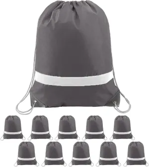 BeeGreen Grey Drawstring Backpack Bulk 10 Pieces Wholesale, String Backpack for Party Gym Sport Trip, Reflective Strips Cinch Sack with String, DIY Drawstring Bags for Women and Men