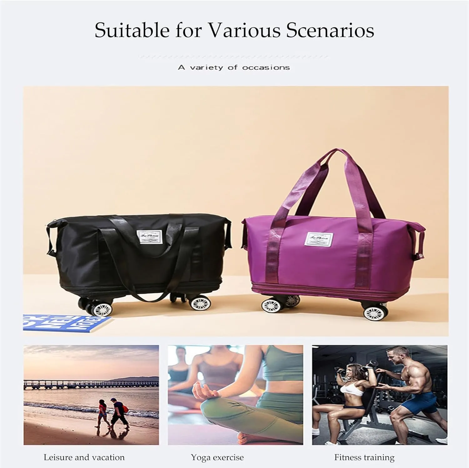 Beente/Pepepo/Kulken Travel Bag with Wheels, 2025 New Large Capacity Travel Bag - Universal Wheel Removable (Purple Red)