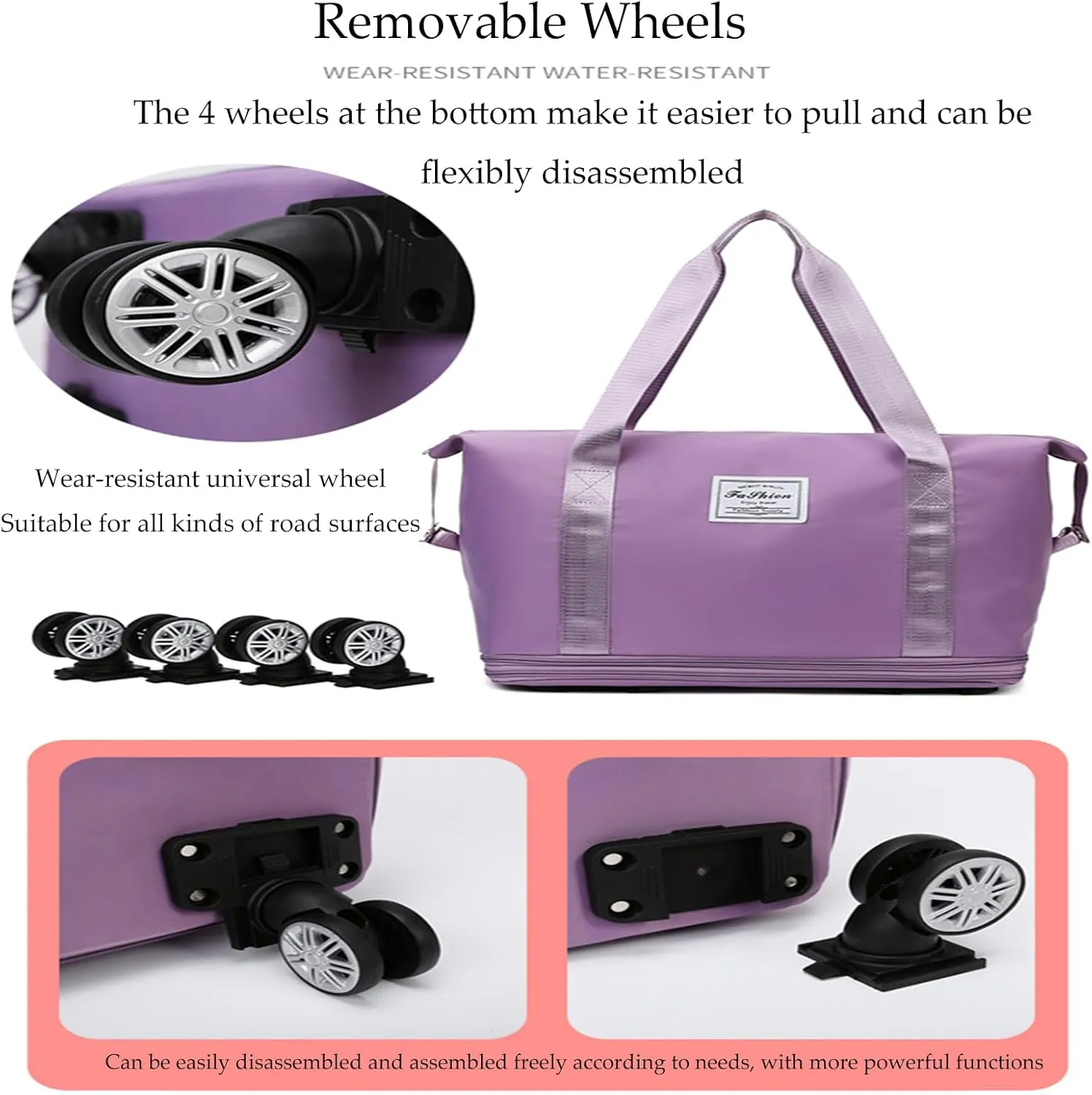 Beente/Pepepo/Kulken Travel Bag with Wheels, 2025 New Large Capacity Travel Bag - Universal Wheel Removable (Purple Red)