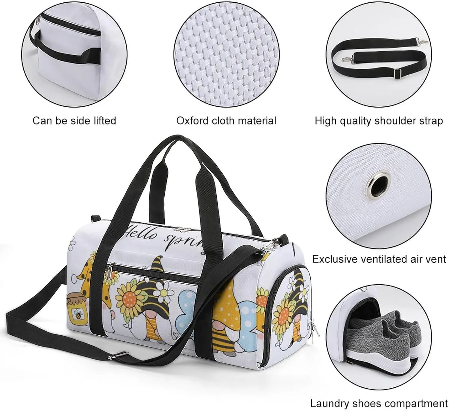 Bees Gnomes with Flower Sports Tote Gym Bag for Women Men, Overnight Bag with Shoe Compartment Water Resistant