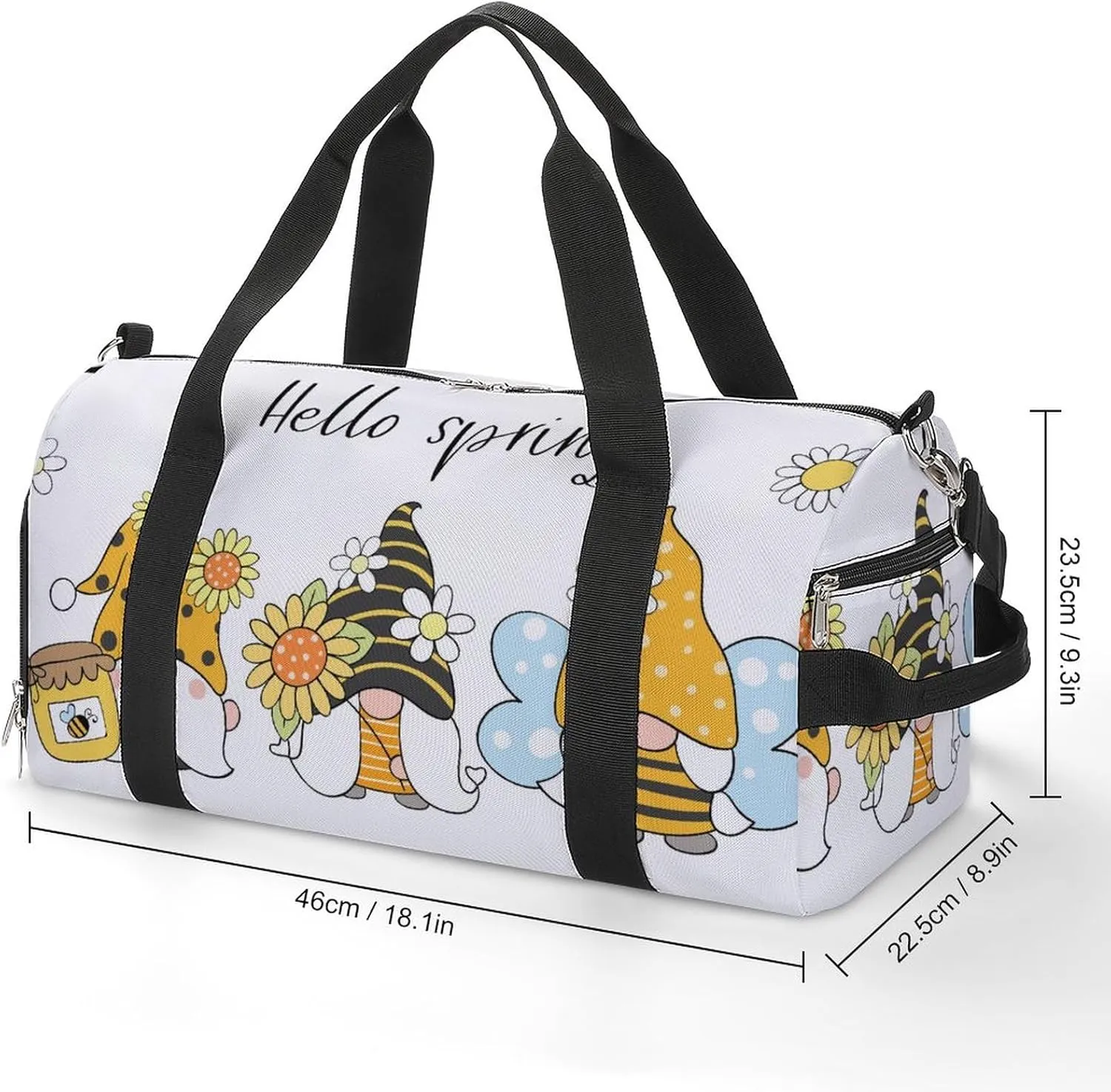 Bees Gnomes with Flower Sports Tote Gym Bag for Women Men, Overnight Bag with Shoe Compartment Water Resistant