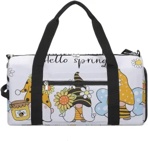 Bees Gnomes with Flower Sports Tote Gym Bag for Women Men, Overnight Bag with Shoe Compartment Water Resistant