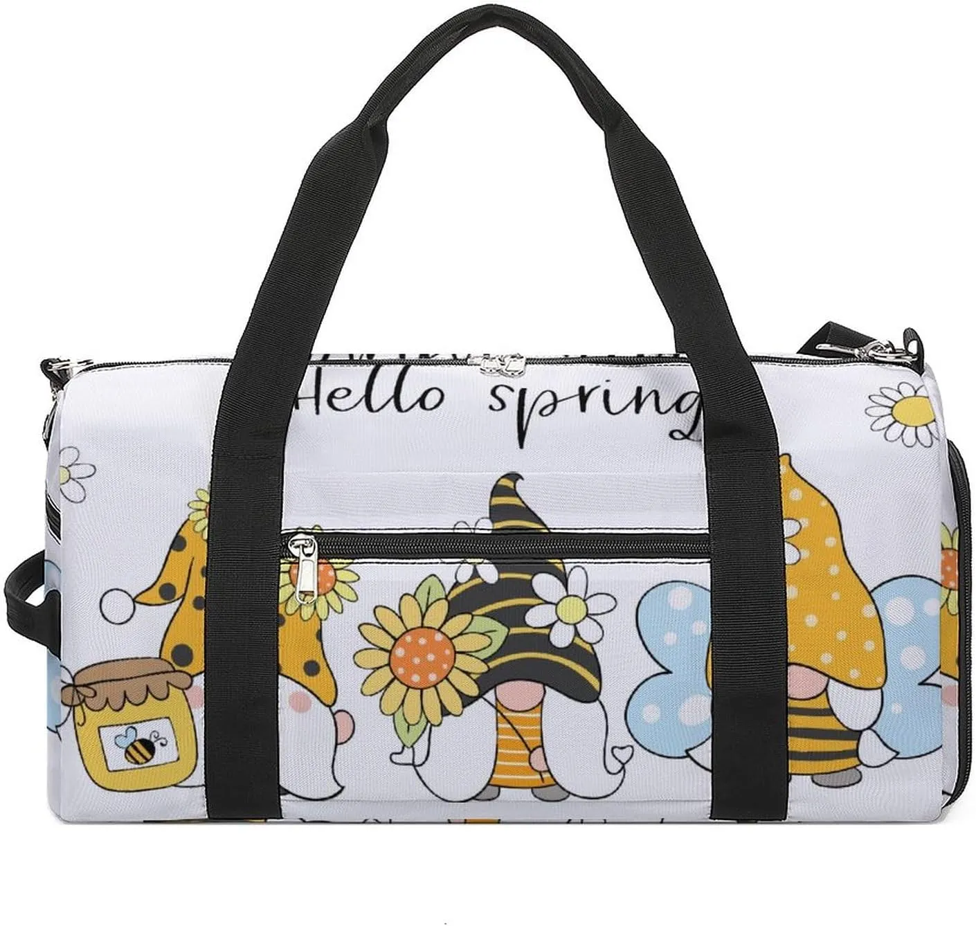 Bees Gnomes with Flower Sports Tote Gym Bag for Women Men, Overnight Bag with Shoe Compartment Water Resistant