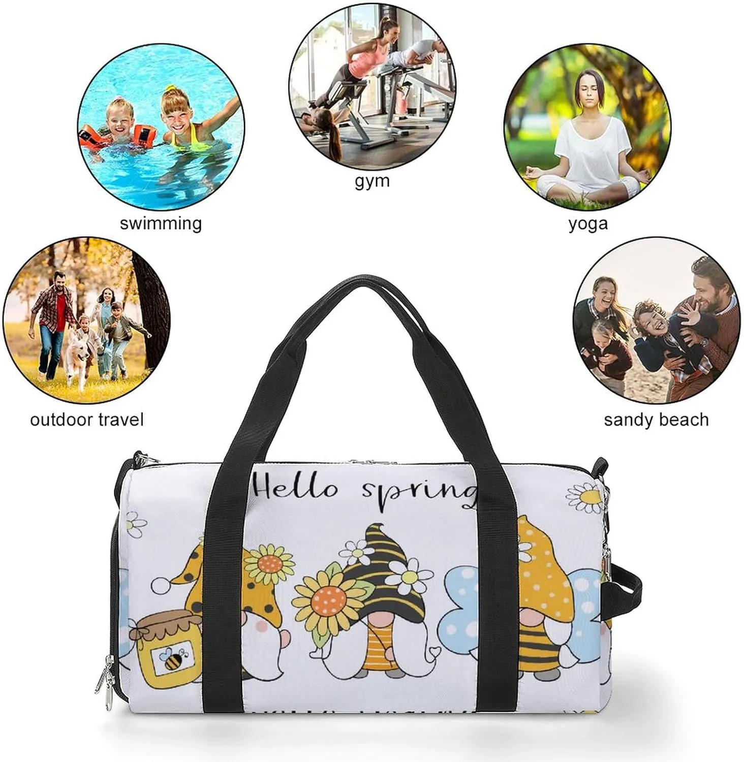 Bees Gnomes with Flower Sports Tote Gym Bag for Women Men, Overnight Bag with Shoe Compartment Water Resistant