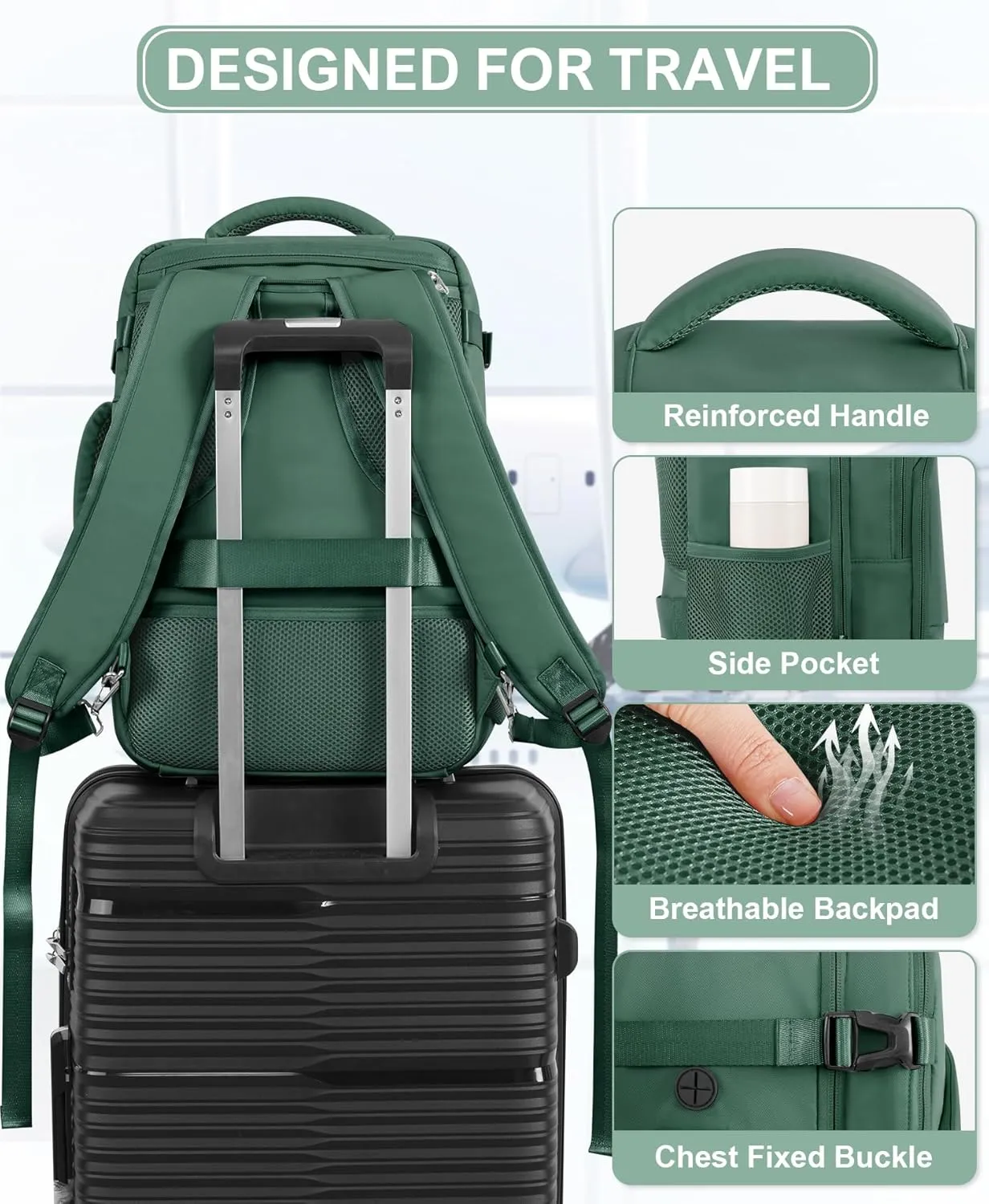 Beraliy Travel Backpack, Carry-on Backpack Airline Approved, Personal Item Bag,Hiking Backpack Women Men, Business Work Gym Weekender Daypack Bag,Dark Green