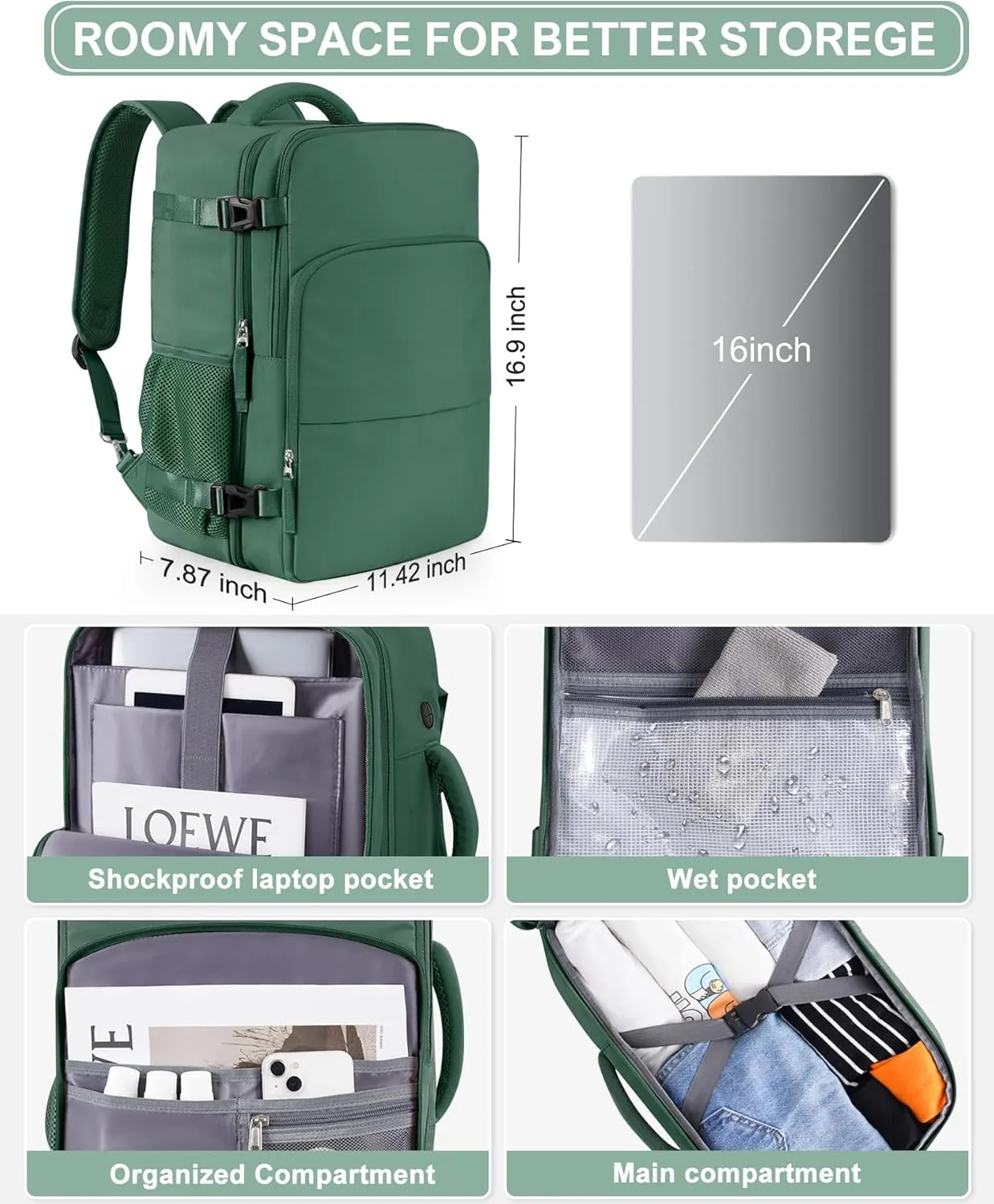 Beraliy Travel Backpack, Carry-on Backpack Airline Approved, Personal Item Bag,Hiking Backpack Women Men, Business Work Gym Weekender Daypack Bag,Dark Green