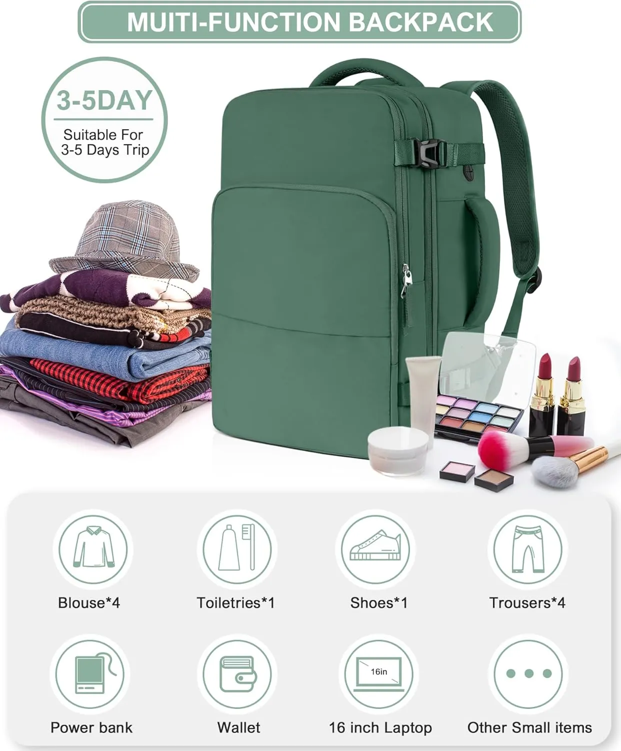 Beraliy Travel Backpack, Carry-on Backpack Airline Approved, Personal Item Bag,Hiking Backpack Women Men, Business Work Gym Weekender Daypack Bag,Dark Green